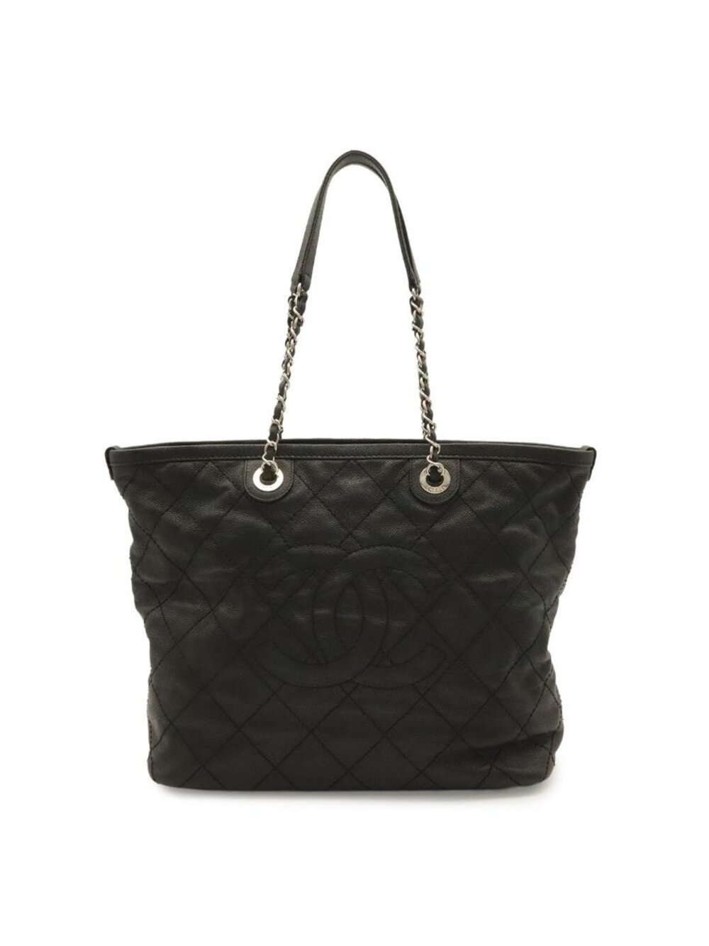 Chanel Quilted CC Logo Chain Tote Shoulder Bag Caviar Leather Black Silver